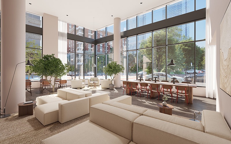 large lobby with seating large windows